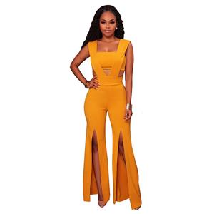 Sexy Sleeveless Strapless Jumpsuit, Yellow Slim Fit Bellbottoms Jumpsuit, Bodycon Split Jumpsuit, Sleeveless High Waist Jumpsuit, Fashion Bandeau Patchwork Jumpsuit for Women, #N16309