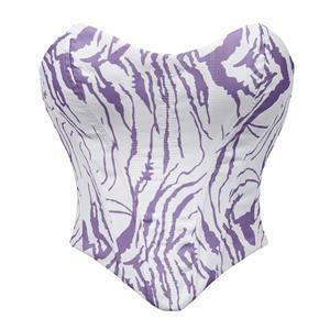 purple zebra print, white bustier, crisscross back, boned corset, adjustable bustier, strapless top, sweetheart neckline, bodycon top, figure shaping, party wear, festival outfit, statement top, edgy fashion, waist cincher, lace-up back #N23855