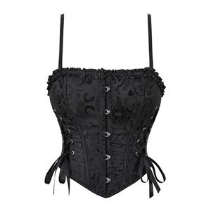 Black corset top, jacquard bustier, ruffle trim corset, adjustable strap corset, lace-up back bustier, victorian corset, gothic waist cincher, vintage corset top, party corset, cosplay bustier, wedding corset, hourglass corset, white bustier, hook closure corset, ribbon tie corset #N23893