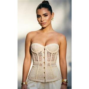 corset top, ivory lace corset, off - shoulder corset, front button corset, boned corset, lace overlay top, romantic corset, waist - cinching top, sheer lace corset, wedding corset, bridal top, elegant lace top, form - fitting corset, vintage - inspired corset, cream lace corset #N23919
