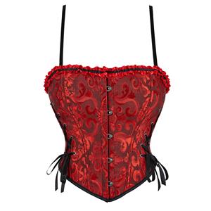 Red Jacquard Corset Top, Vintage Ruffle Trim Bustier  N23894