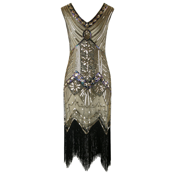 1920s Sleeveless V Neck Sequin Inspired Cocktail Fringed Flapper Dress ...