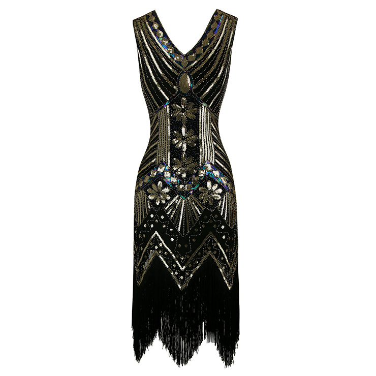 1920s Black Sleeveless V Neck Sequin Inspired Cocktail Fringed Flapper ...