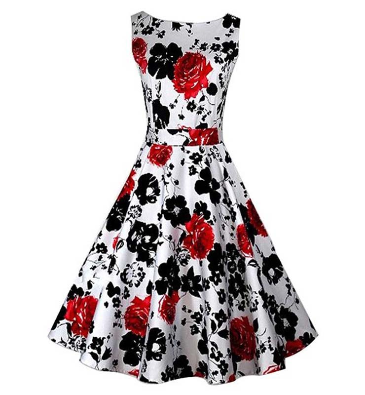 1950's Vintage Retro Red Rose Floral Print Party Cocktail Tea Dress N11064