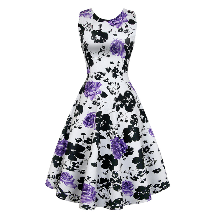1950's Vintage Retro Purple Rose Floral Print Party Cocktail Tea Dress N11065