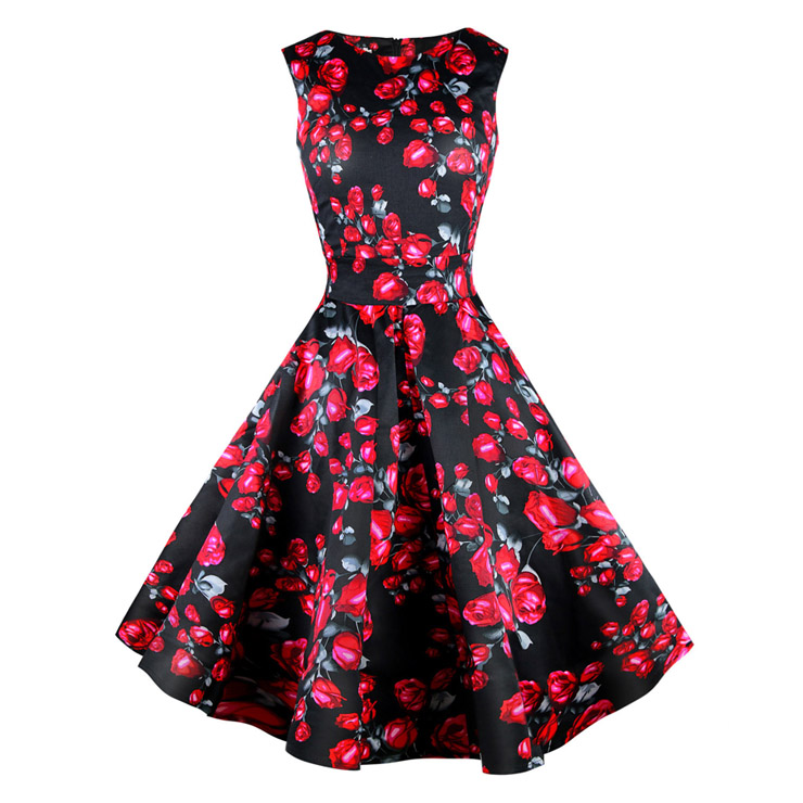 1950's Vintage Retro Black and Red Rose Floral Print Party Cocktail Tea ...