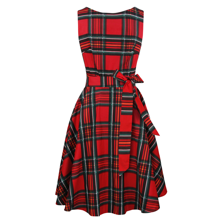 1950's Vintage Red Plaid Belted Round Neck Sleeveless A-Line Dress N20017