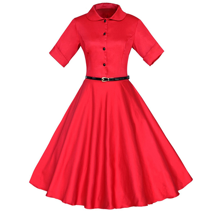 (1950's Vintage Red Short Sleeve Casual Cocktail Party Swing Dress N11595