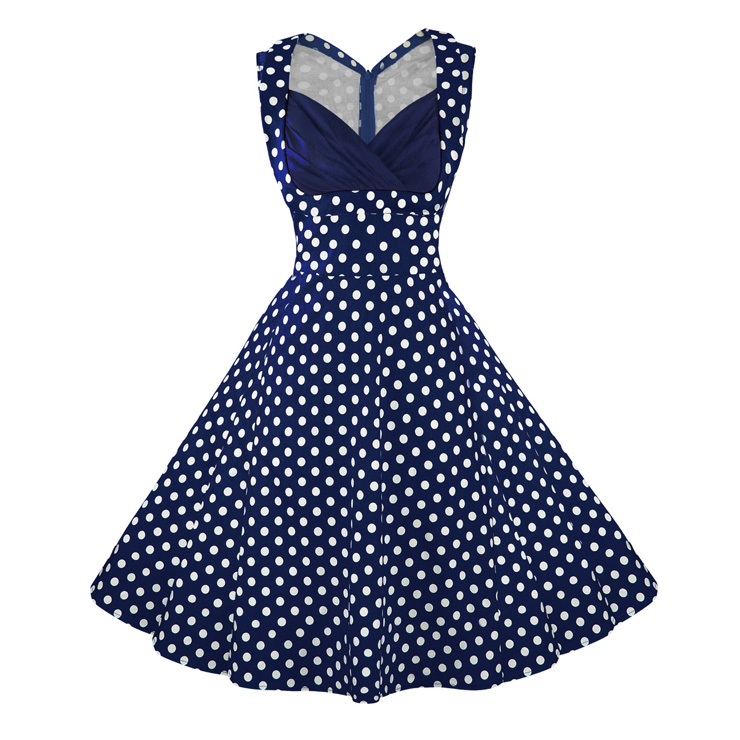 Women's 1950's Vintage Blue Polka Dot Cut Out V-Neck Casual Party Cocktail Dress N11094