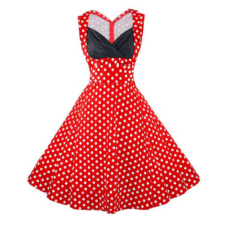 Women's 1950's Vintage Red Polka Dot Cut Out V-Neck Cocktail Dress  N11095