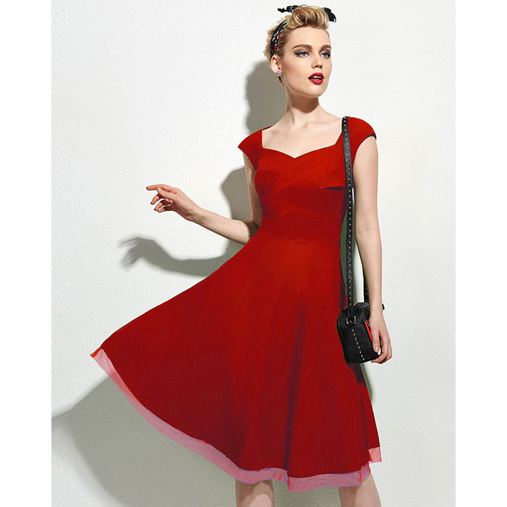 Women's 1950's Vintage Red Square Neck Cap Sleeve Party Cocktail Swing ...