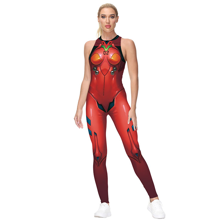 Evangelion 3D Printed Jumpsuit, Halloween Backless Sleeveless Slim Fit Bodysuit, Halloween Bodycon Jumpsuit, Evangelion Vest Jumpsuit, Halloween Vest Jumpsuit for Women, #N21243