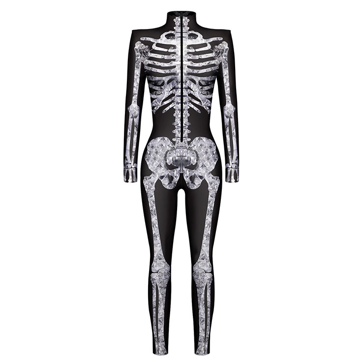 Scary Grey Bone 3D Digital Printed Unitard Skeleton High Neck Bodysuit Halloween Costume N22317