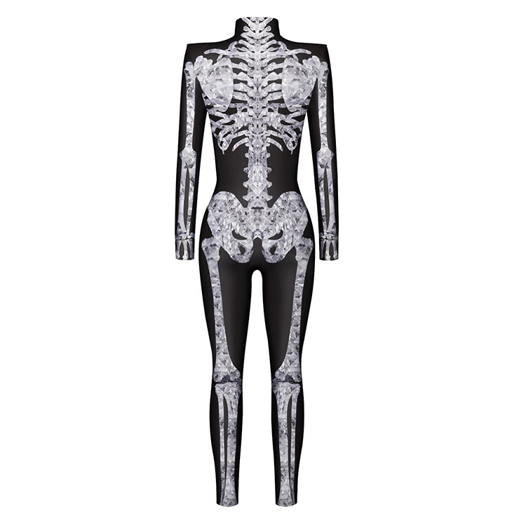 Horrible Skull Printed Jumpsuit, Halloween Skeleton High Neck Slim Fit Bodysuit, Halloween Bodycon Jumpsuit, Long Sleeve High Neck Jumpsuit, Halloween Skeleton Jumpsuit for Women, #N22317