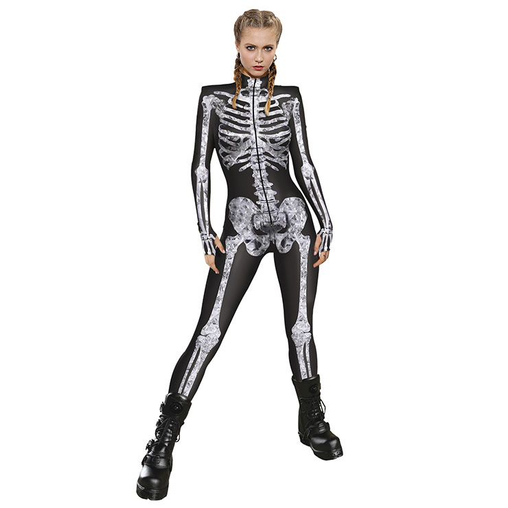 Horrible Skull Printed Jumpsuit, Halloween Skeleton High Neck Slim Fit Bodysuit, Halloween Bodycon Jumpsuit, Long Sleeve High Neck Jumpsuit, Halloween Skeleton Jumpsuit for Women, #N22317