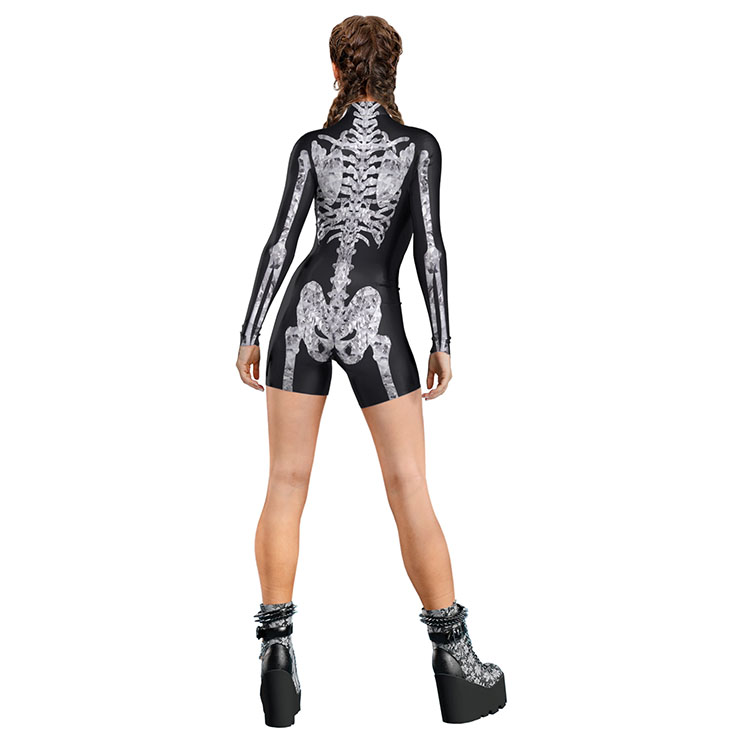 Horrible Skull Printed Jumpsuit, Halloween Skeleton High Neck Slim Fit Bodysuit, Halloween Bodycon Jumpsuit, Long Sleeve shorts High Neck Jumpsuit, Halloween Skeleton Jumpsuit for Women, #N22335