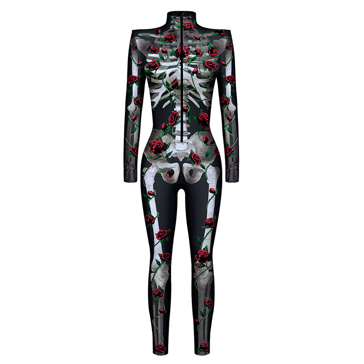 Scary Red Rose Bone 3D Digital Printed Unitard Skeleton High Neck ...