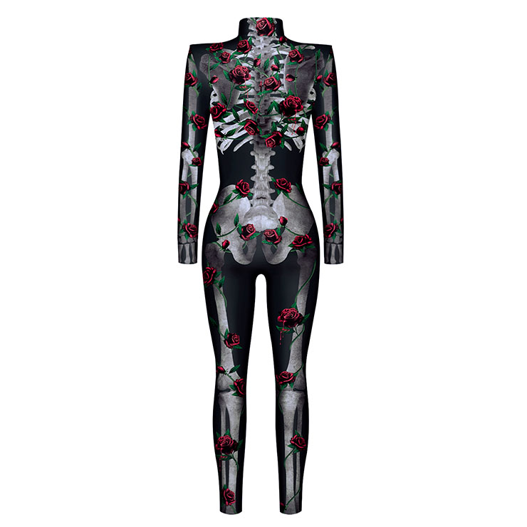 Scary Red Rose Bone 3D Digital Printed Unitard Skeleton High Neck ...