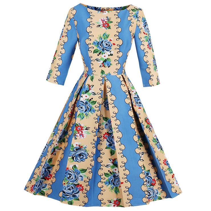Women S 50s Vintage Floral Print 3 4 Length Sleeve Retro Party