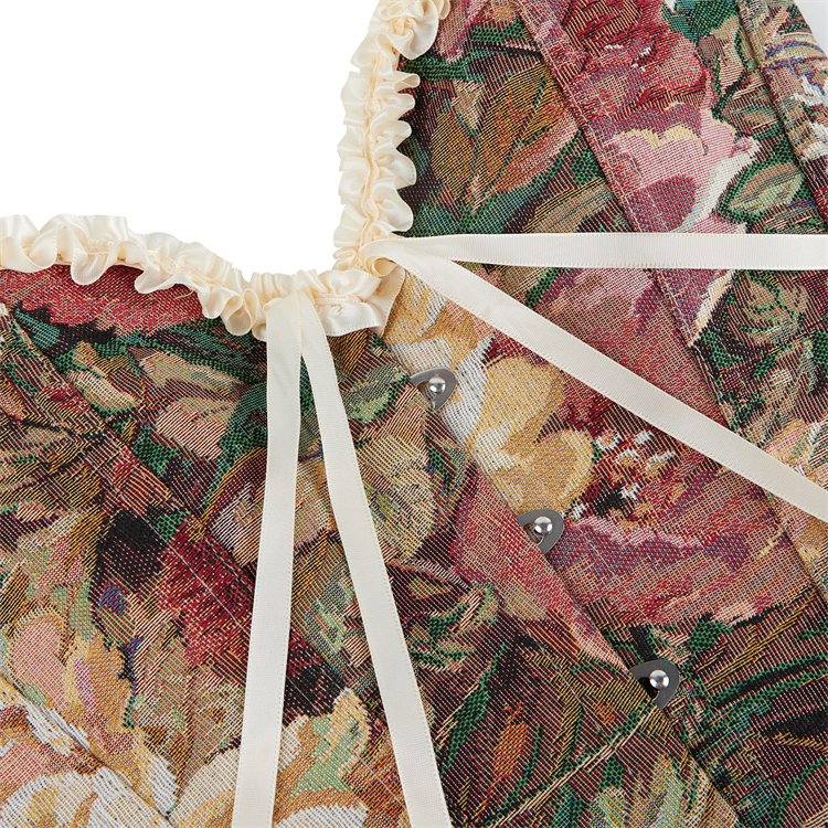 apricot corset, vintage floral top, lace-up bustier, V-neck bustier, adjustable strap corset, floral print bustier, romantic shapewear, waist cincher, retro blouse, feminine top, bridal lingerie, special occasion top, adjustable back, summer corset, boho chic top #N23856