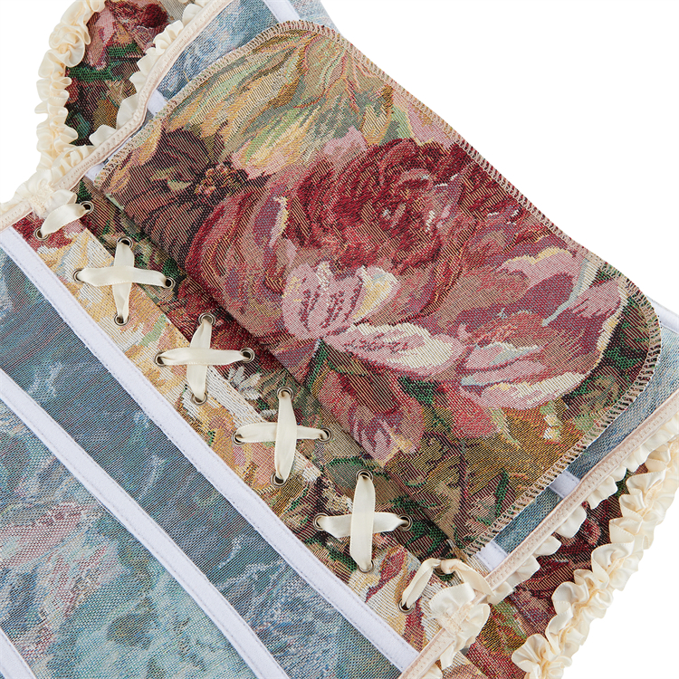 apricot corset, vintage floral top, lace-up bustier, V-neck bustier, adjustable strap corset, floral print bustier, romantic shapewear, waist cincher, retro blouse, feminine top, bridal lingerie, special occasion top, adjustable back, summer corset, boho chic top #N23856