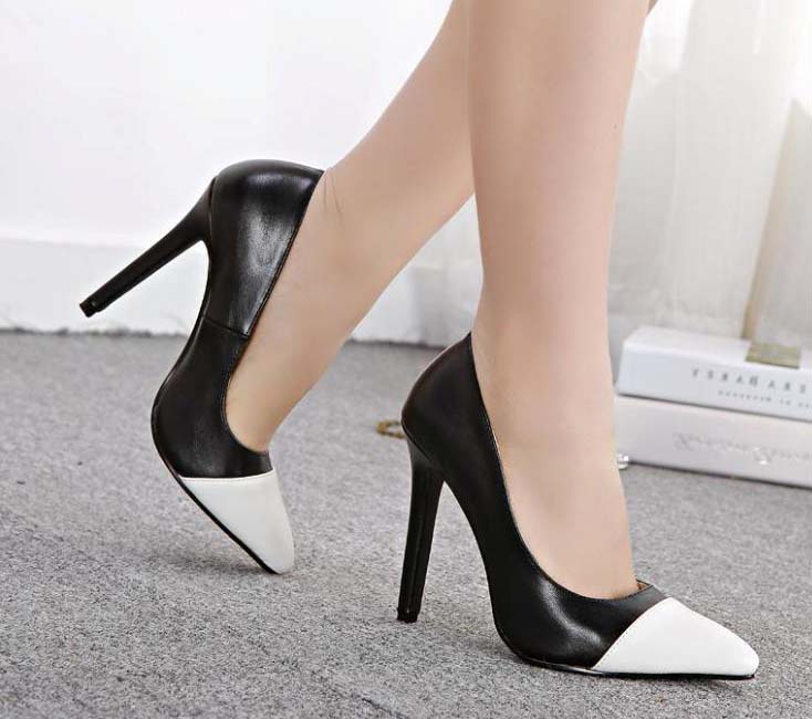 Black And White Split Joint Fair Lady Office Pointed Toe High heels ...