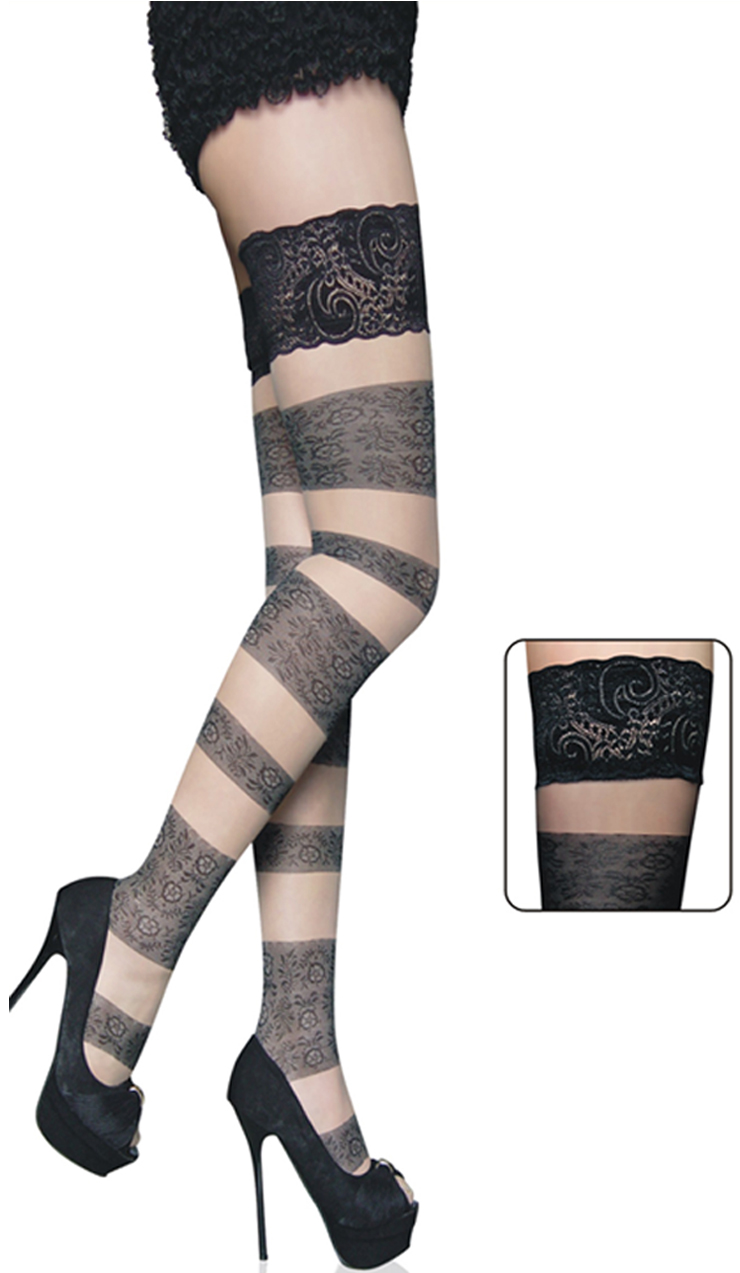 Tatoo Print Thigh High Stocking, Floral Bandage Thigh High Stockings, Sheer Opaque Striped Stockings, #HG8296
