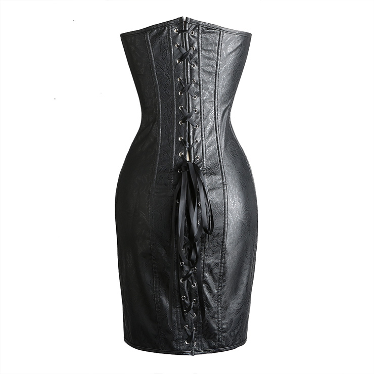 Sexy Black Floral Print Satin Lace Up Long Corset Dress N15435