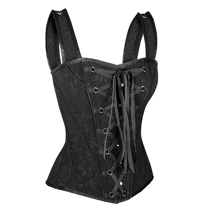 Vintage black vest corset with ribbon lacing up detail in front and both sh...