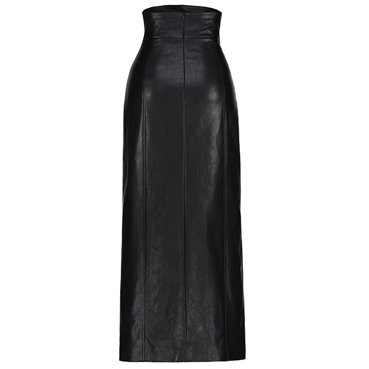 Fashion Women's Black High-Waist A-line High Slit Faux Leather Skirt N15572