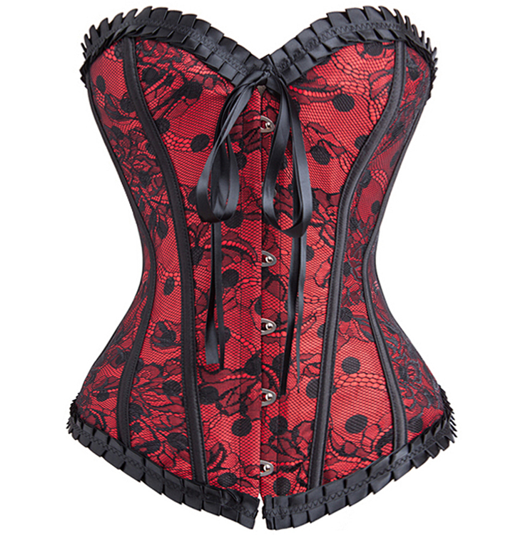 Floral Lace Corset, Polka Dot Red Corsets, Strapless Ruffle Trim Corsets, #N8728