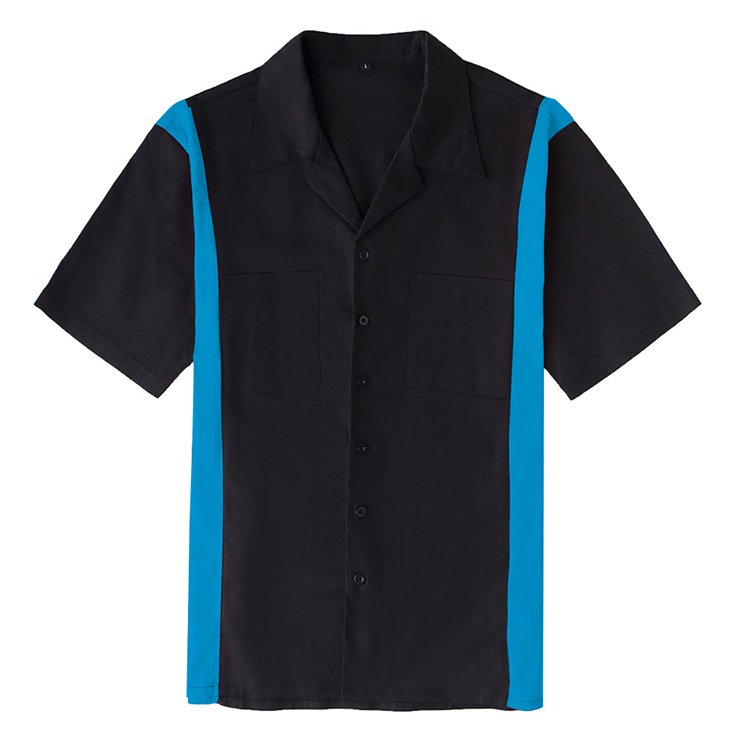 Fashion Black Splicing Panel Casual Fifties Bowling Shirt with Pocket ...