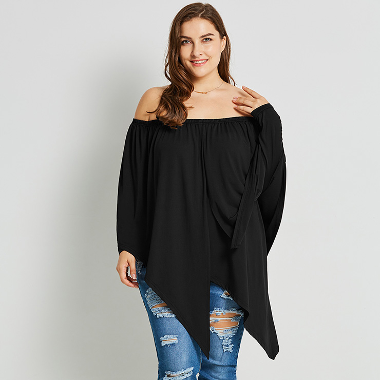 Women's Black Off Shoulder Long Sleeve Asymmetric T-Shirt Plus Size N15455