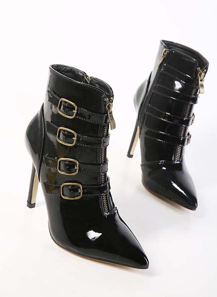 Sexy Black Patent Leather Side Four Buckles Pointed Toe Stiletto Boots ...