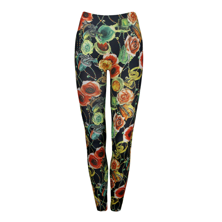 Black Rose Print Floral Leggings L6985