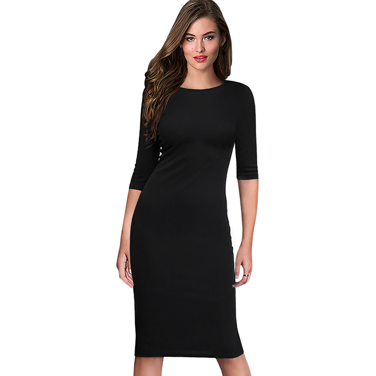 Casual Plain Black Round Neck Half Sleeve Bodycon Midi Dress N16397