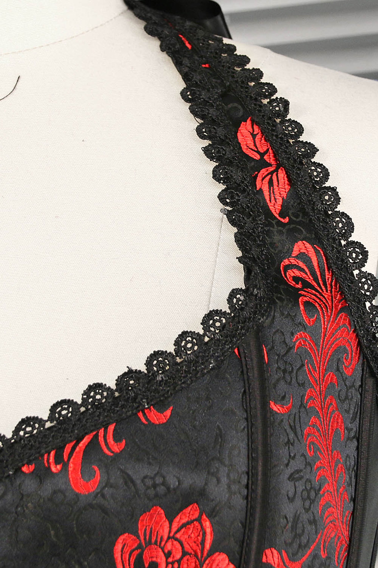 Sexy Black Satin Corset, Hot Selling Halter Neck Overbust Corset, Cheap Lace Trim Corset, Fashion Red Jacquard Weave Corset, #N10022