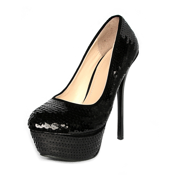 Black Sequin Court Shoes SWS12025