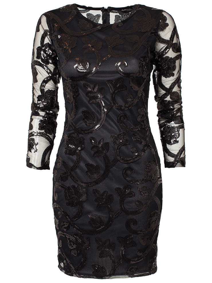 Fashion Ladies Black Sequins Flower Prints Long Sleeves Mini Dress N10192