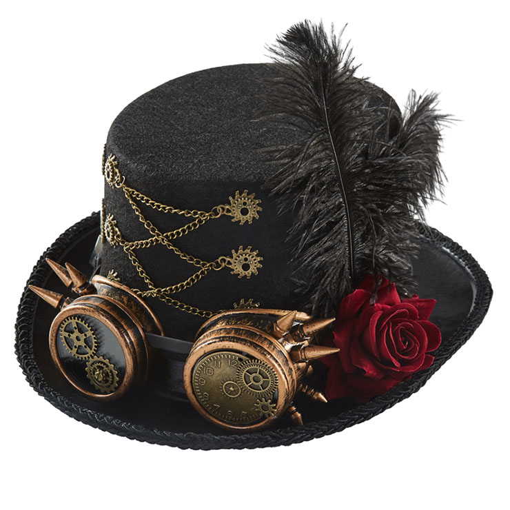 Steampunk Red Rose and Gear Goggles Masquerade Halloween Costume Top Hat J22786