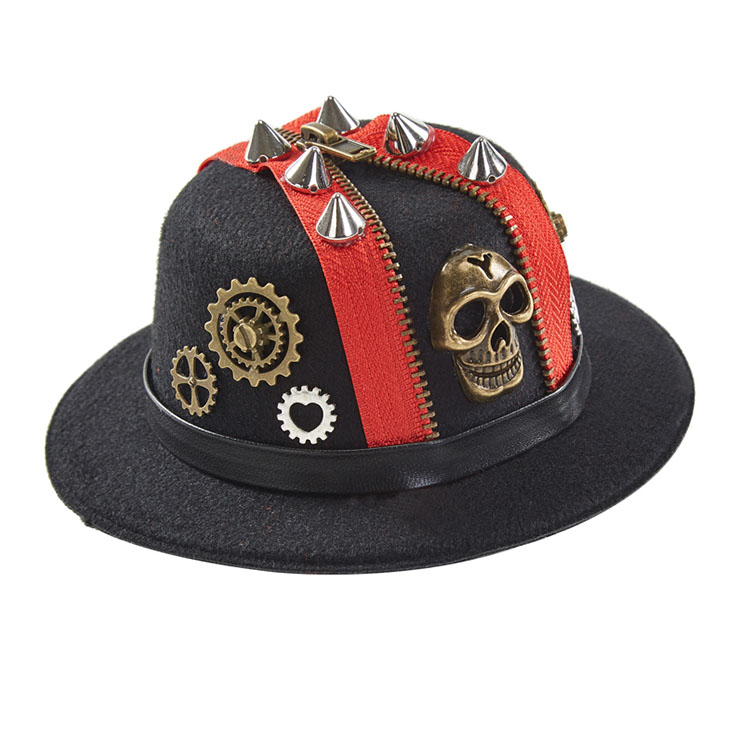 Steampunk Red Zipper Rivet Skull Head Halloween Costume Top Hat J22872