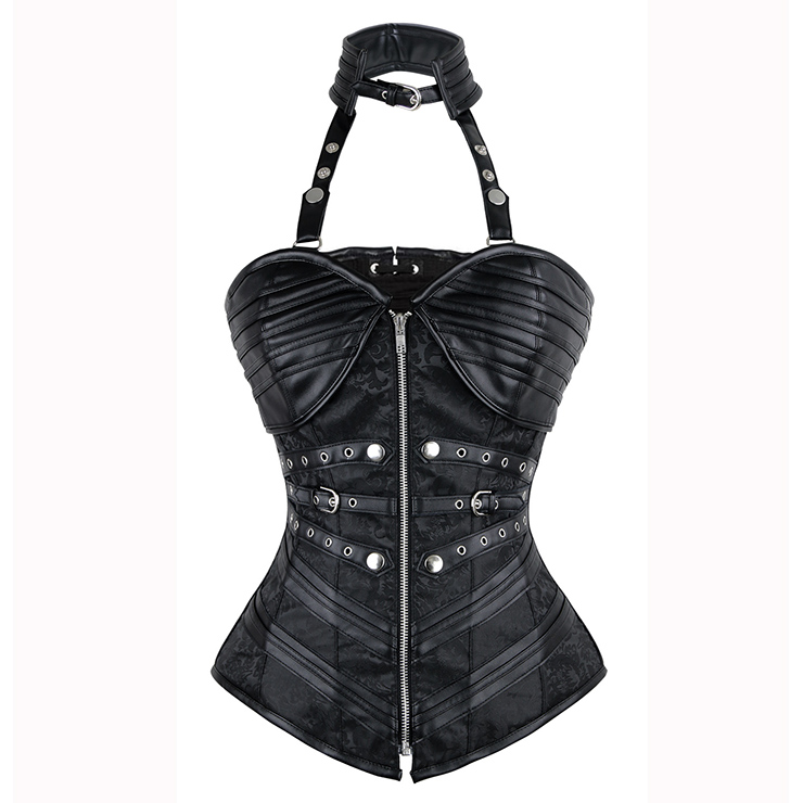 Steampunk Black Steel Boned Halter Jacquard Zipper Outerwear Corset N10588 