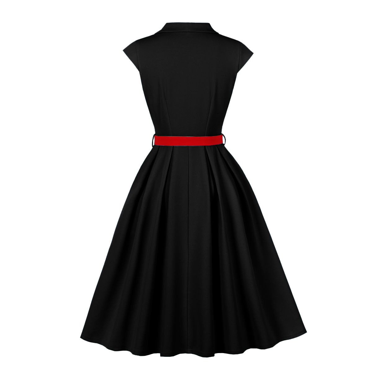Vintage style, Black color, Red waist belt, Contrast red buttons, A-line skirt, Sleeveless design, Shift dress, Tailored collar, Lightweight fabric, Elegant retro fashion #N23822
