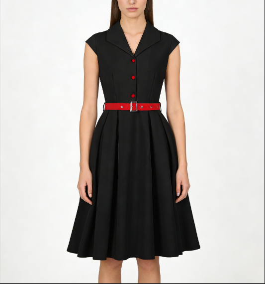 Black Vintage A-Line Dress with Red Belt and Contrasting Buttons - Sleeveless Shift Dress for Women N23822