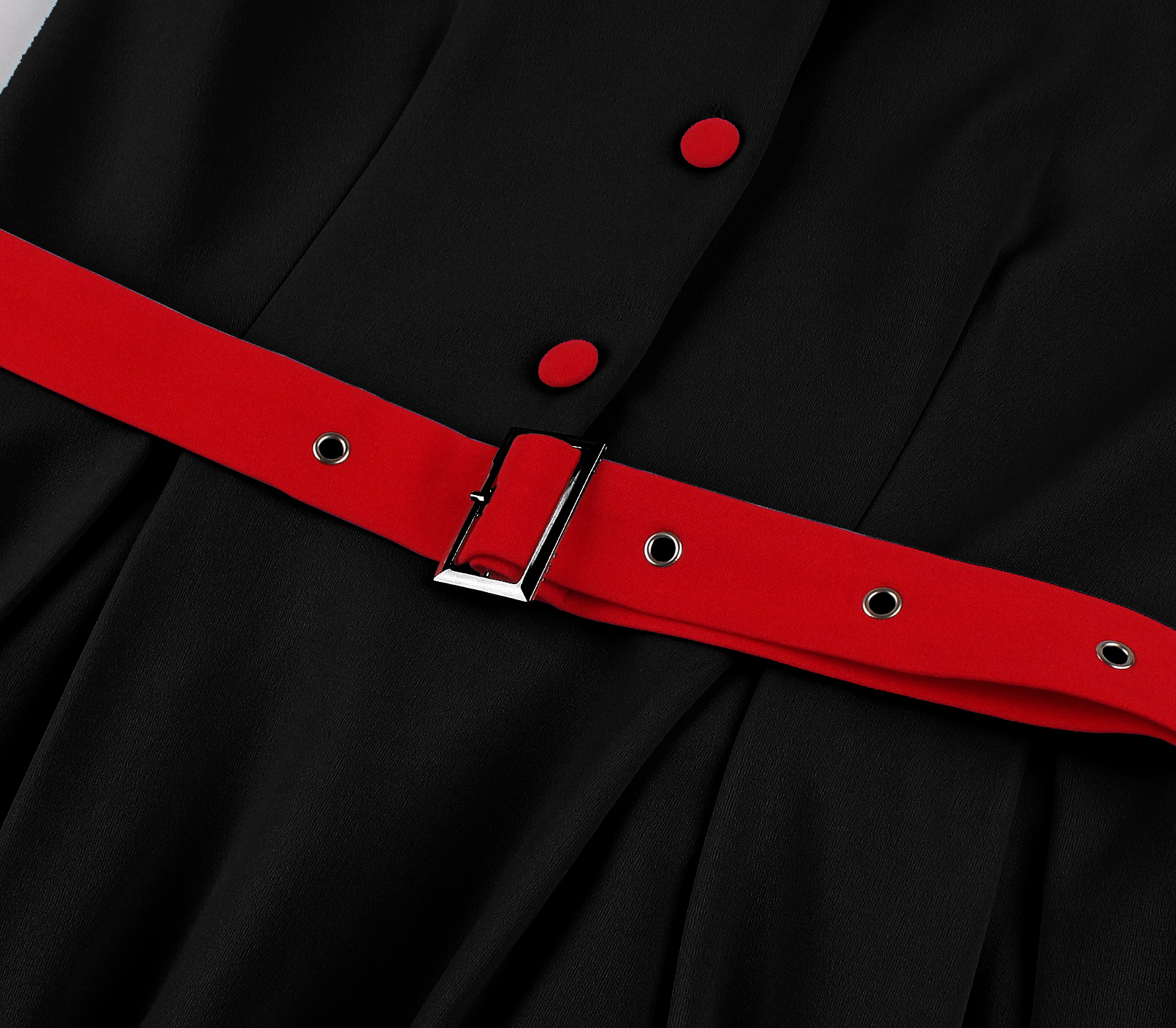 Vintage style, Black color, Red waist belt, Contrast red buttons, A-line skirt, Sleeveless design, Shift dress, Tailored collar, Lightweight fabric, Elegant retro fashion #N23822