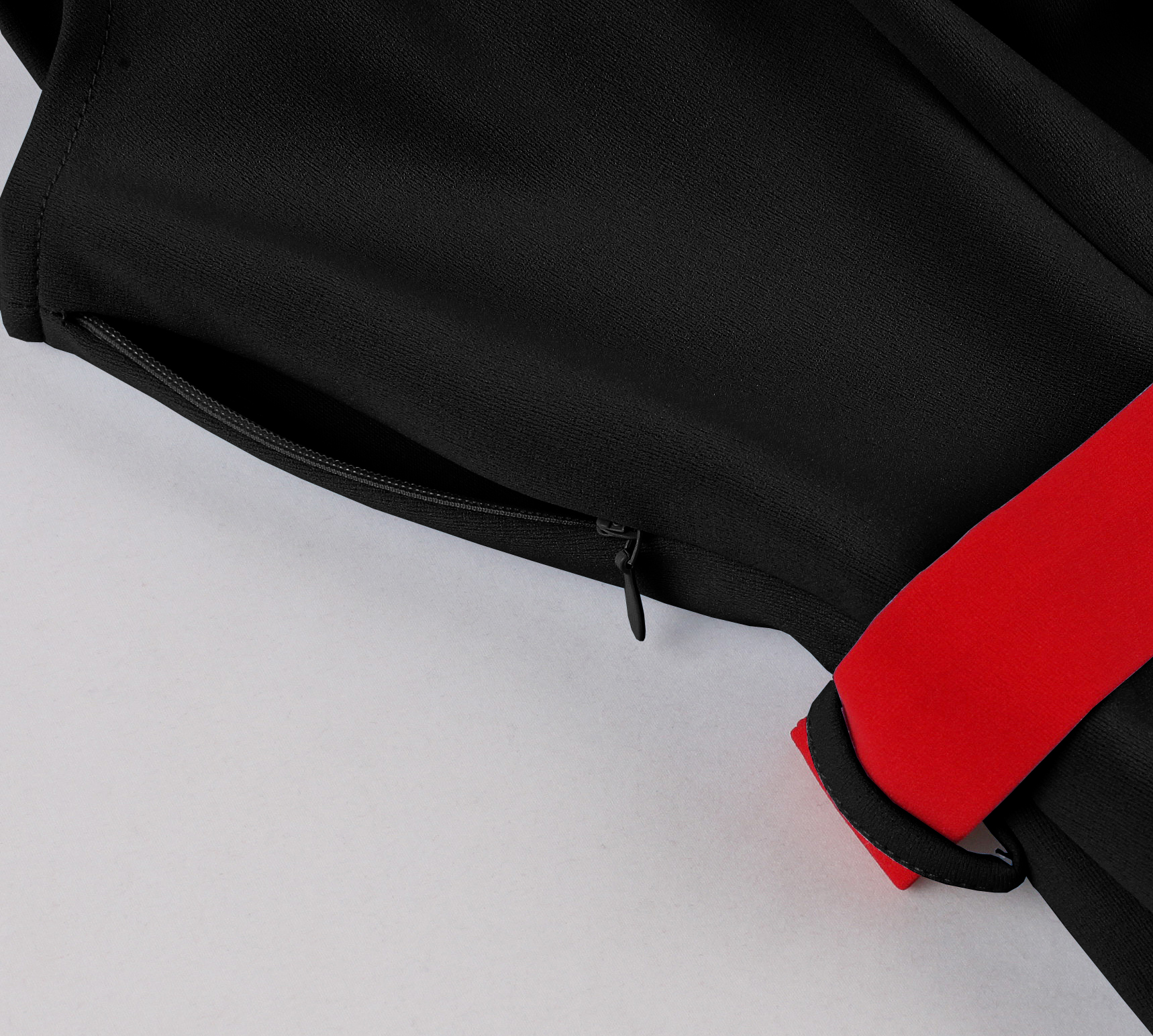 Vintage style, Black color, Red waist belt, Contrast red buttons, A-line skirt, Sleeveless design, Shift dress, Tailored collar, Lightweight fabric, Elegant retro fashion #N23822