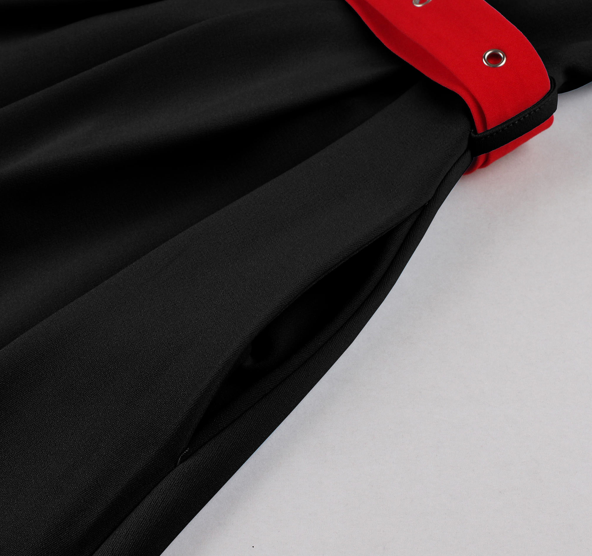 Vintage style, Black color, Red waist belt, Contrast red buttons, A-line skirt, Sleeveless design, Shift dress, Tailored collar, Lightweight fabric, Elegant retro fashion #N23822