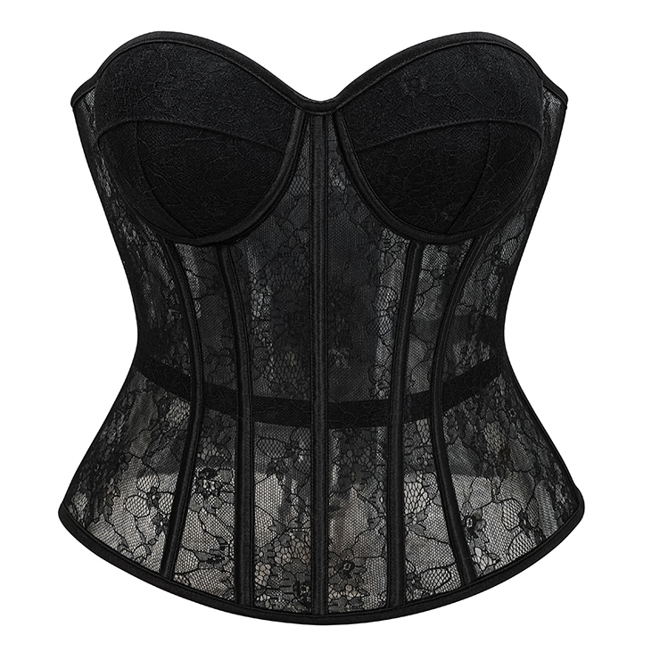 Black Strapless Corset Top - Heart-shaped Bustier with Lace-up Back and Boning N237845