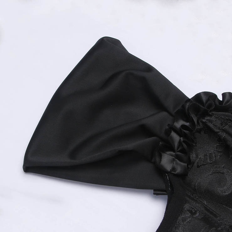 vintage corset, black bustier, ruffled sleeves, square neck corset, adjustable lace-up, retro shapewear, lace bustier, vintage lingerie, waist training corset, romantic corset top, black lace bodysuit, Victorian style corset, sheer corset, evening wear corset, gothic lingerie #N237863