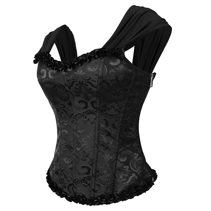vintage corset, black bustier, ruffled sleeves, square neck corset, adjustable lace-up, retro shapewear, lace bustier, vintage lingerie, waist training corset, romantic corset top, black lace bodysuit, Victorian style corset, sheer corset, evening wear corset, gothic lingerie #N237863